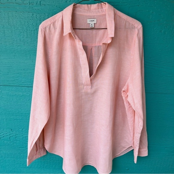J. Crew Tops - J.CREW LINEN POPOVER V-NECK TUNIC TOP ORANGE SHERBET WHITE STRIPE SIZE XL